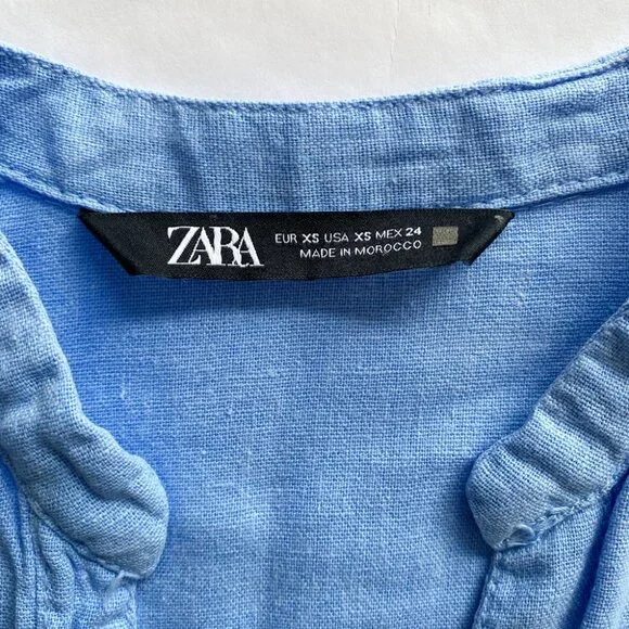 ZARA LINEN BLEND TAB SLEEVE SHIRT (Blue, XS) - Picture 6 of 6
